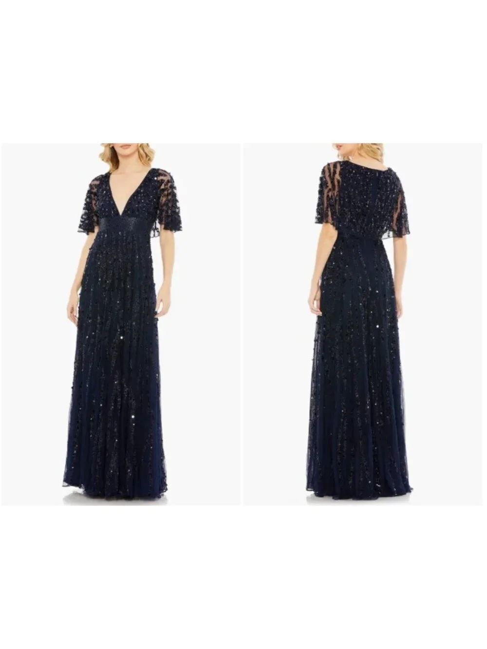 Mac Duggal S93784 Cape Sleeve Plunging Neck Embellished Navy Gown Dress Size 16